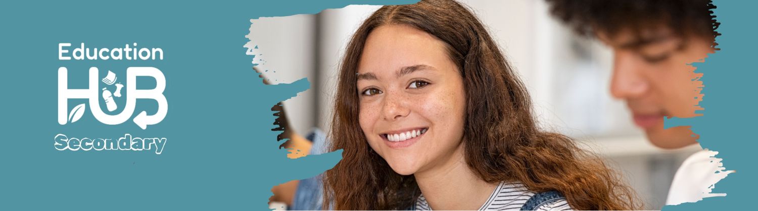 Secondary student smiling next to Education Hub Secondary logo