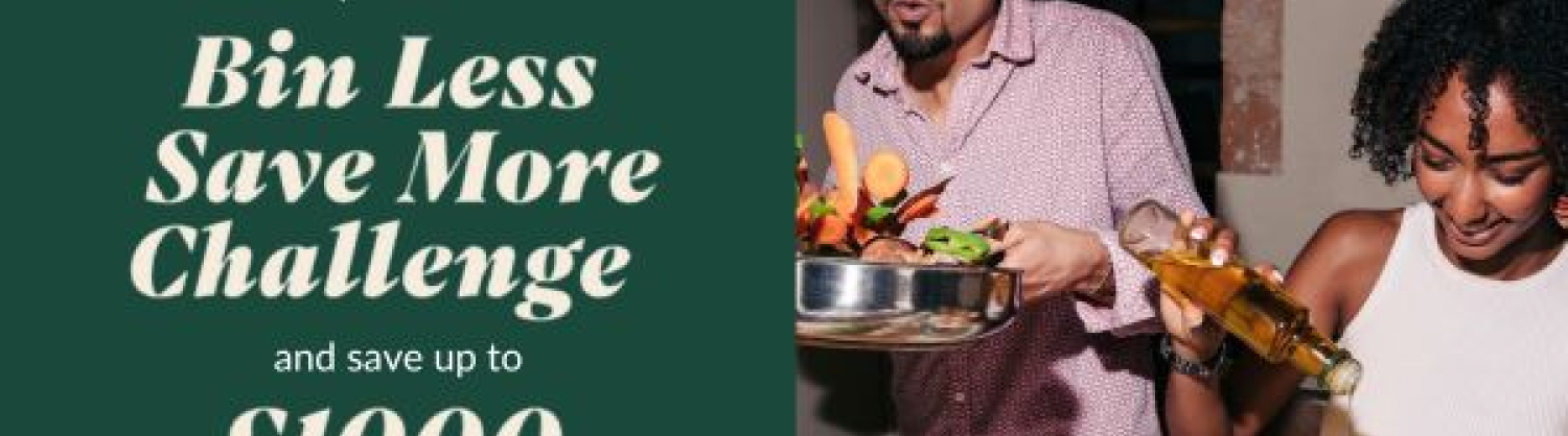 Two people cooking together, one tossing vegetables and the other laughing with the text "take part in the bin less save more workshop and save up to £1000 a year. 