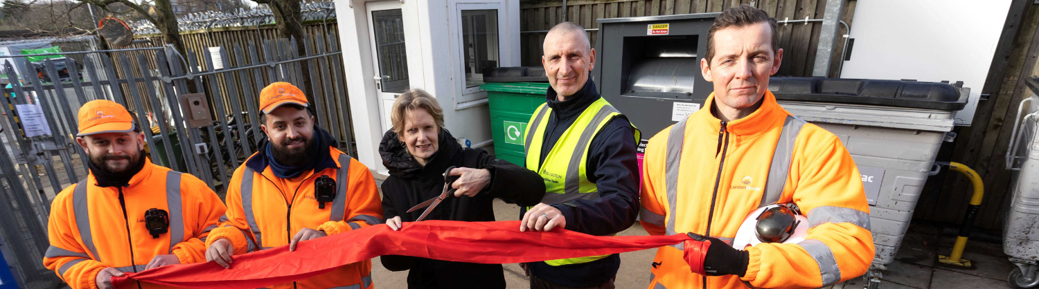 Councillor Rowena Champion with staff from London Borough of Islington and London Energy cutting ribbon to open the new pedestrian zone