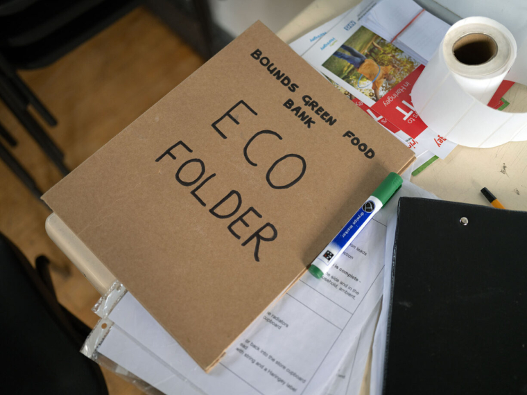 A folder with the words 'Bounds Green Food Bank' on it