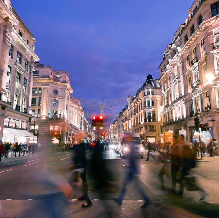 A time-lapse image of people on Oxford Street
