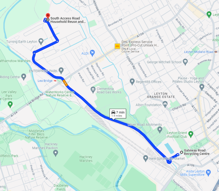 A Google map image showing the 7-minute car journey from Gateway Road RRC to South Access Road RRC