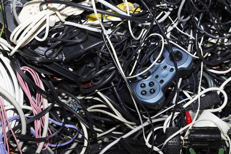 A collection of tangled waste electricals 