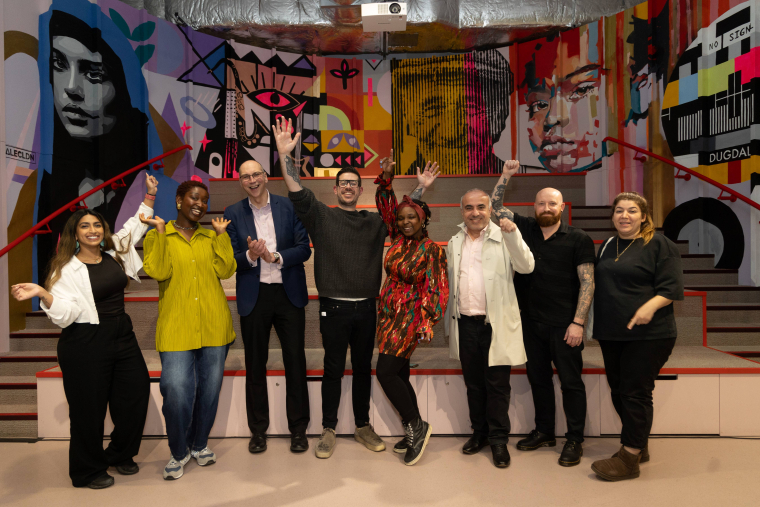 Councillors, staff and the artists celebrate the launch of the murals at Dugdale Arts Centre