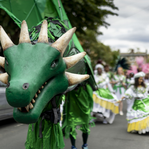 Photo of a homemade dragon costume at a previous carnival