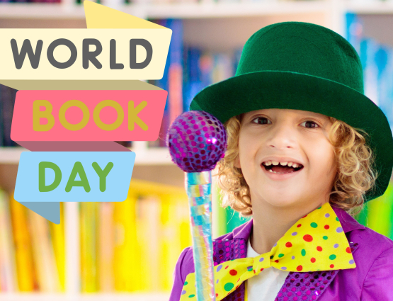 A child dressed as Willy Wonka with the words 'World Book Day'