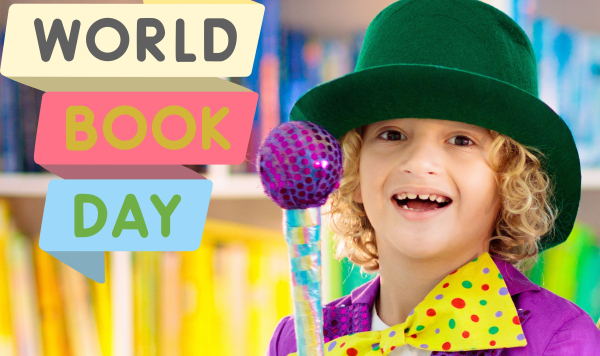 School child dressed up in colourful top hat and bow tie with the words 'World Book Day' 